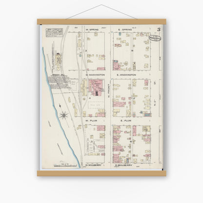 Old map wall art mockup — magnetic wood frame on white wall — Sanborn Fire Insurance Map from Mankato, Blue Earth County, Minnesota (1884), Sheet #0003