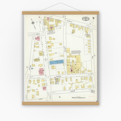 Old map wall art mockup — magnetic wood frame on white wall — Sanborn Fire Insurance Map from Stoneham, Middlesex County, Massachusetts (1916), Sheet #0009