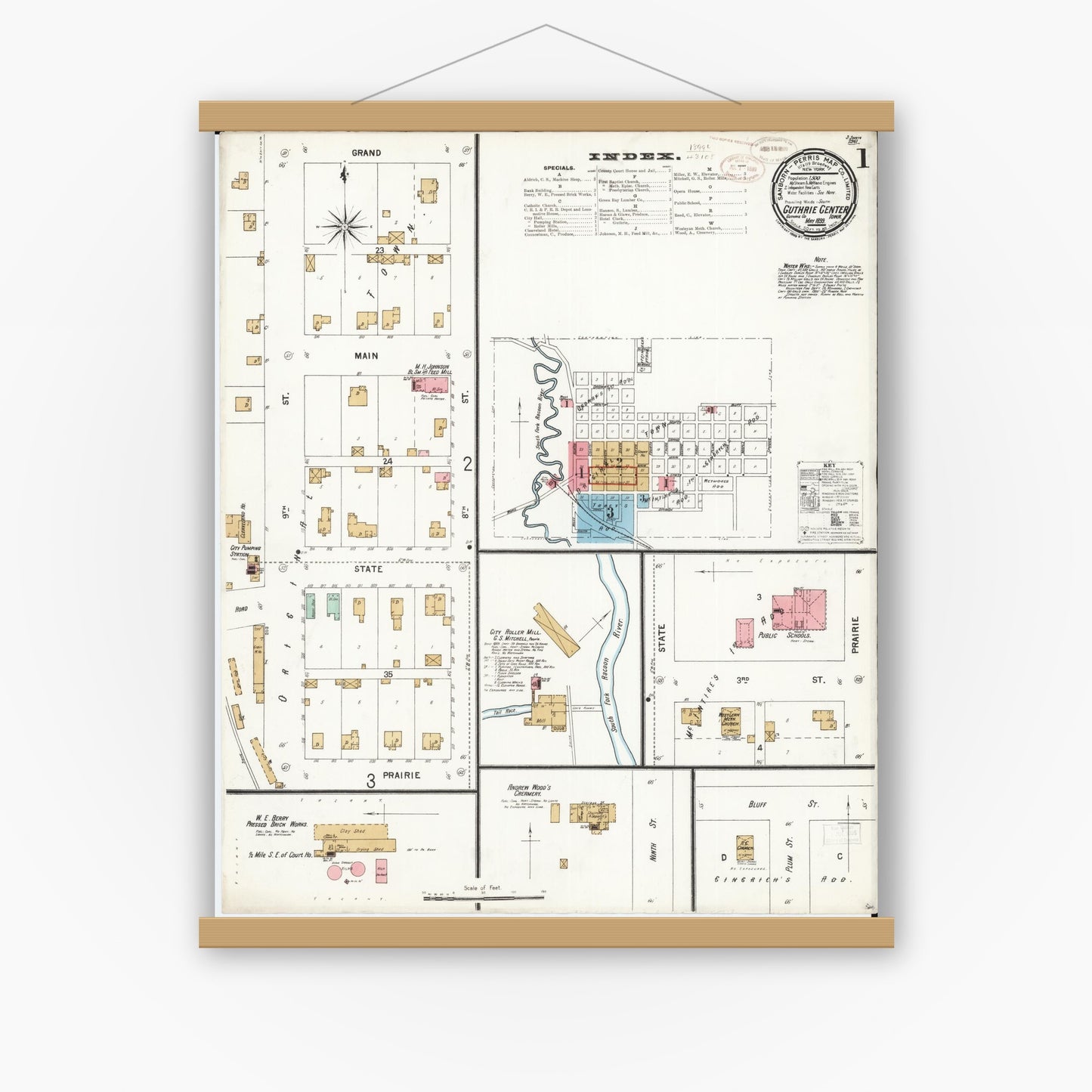 Old map wall art mockup — magnetic wood frame on white wall — Sanborn Fire Insurance Map from Guthrie Center, Guthrie County, Iowa (1899) â€” Complete Set