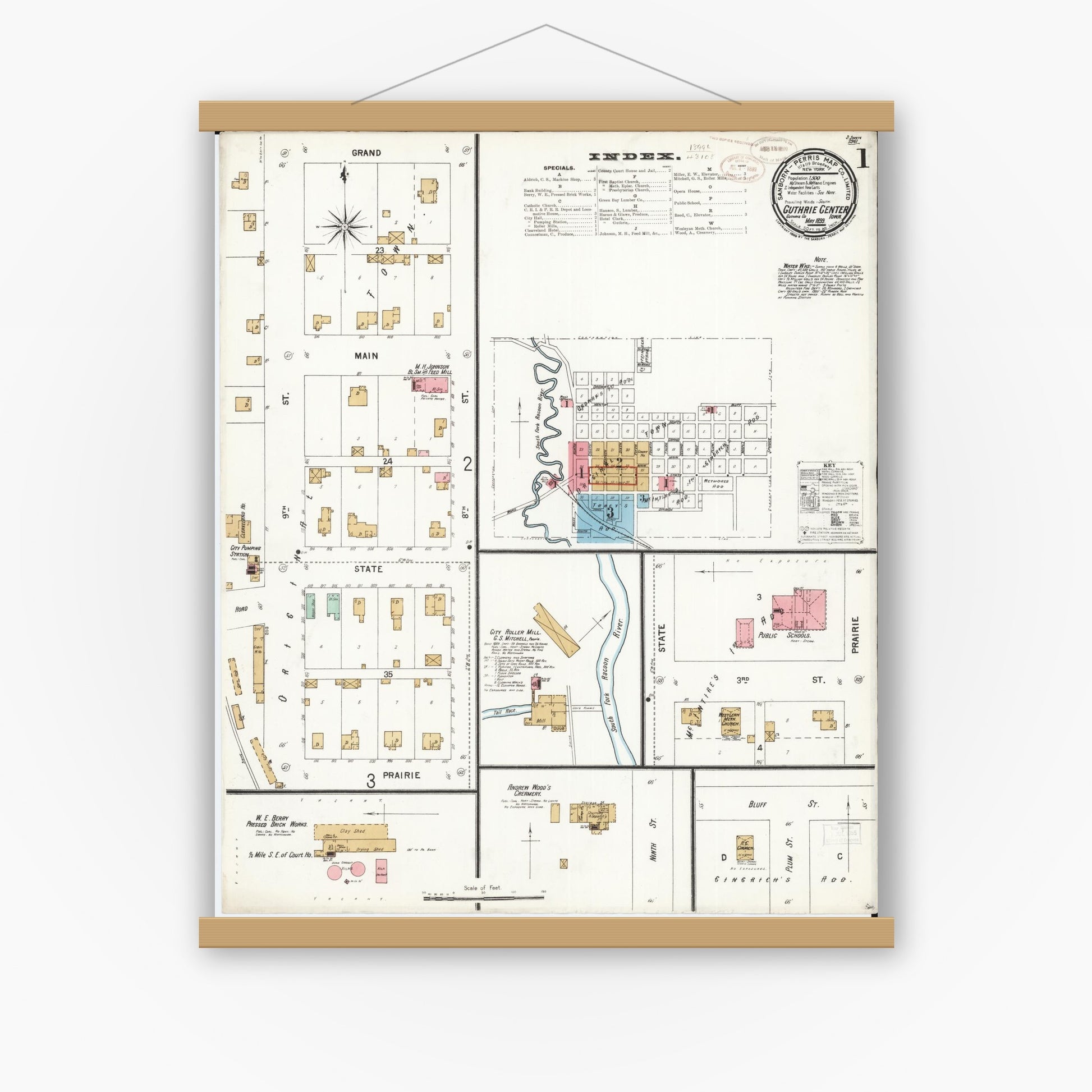 Old map wall art mockup — magnetic wood frame on white wall — Sanborn Fire Insurance Map from Guthrie Center, Guthrie County, Iowa (1899) â€” Complete Set