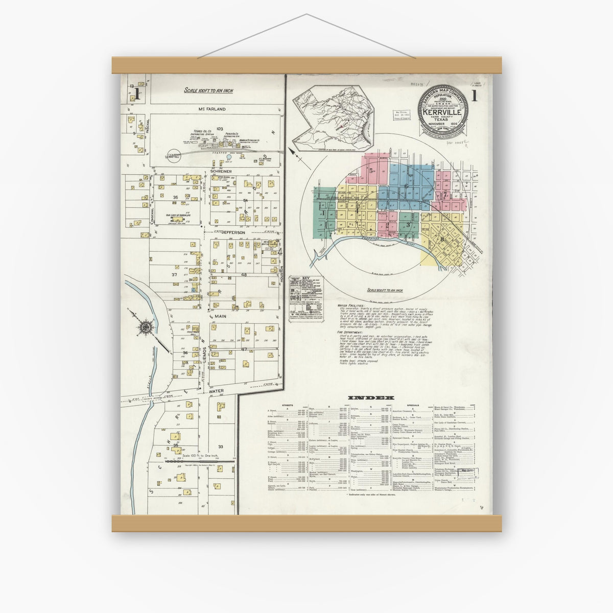 Old map wall art mockup — magnetic wood frame on white wall — Sanborn Fire Insurance Map from Kerrville, Kerr County, Texas (1924) - Complete Map Set