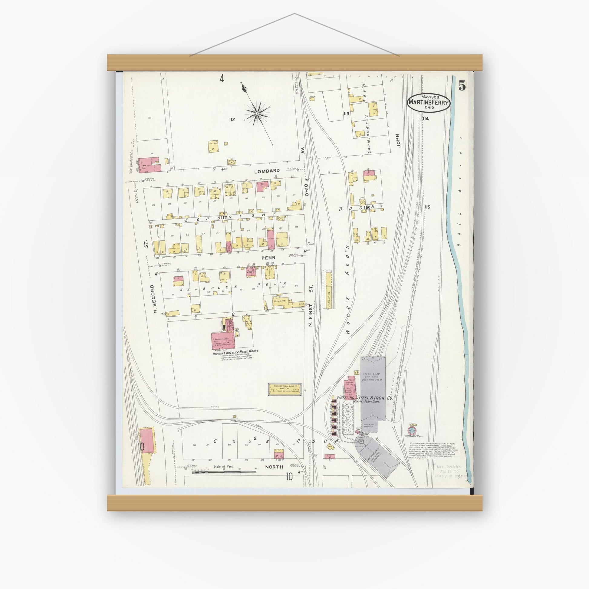 Old map wall art mockup — magnetic wood frame on white wall — Sanborn Fire Insurance Map from Martins Ferry, Belmont County, Ohio (1908), Sheet #0005
