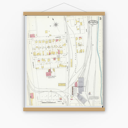 Old map wall art mockup — magnetic wood frame on white wall — Sanborn Fire Insurance Map from Martins Ferry, Belmont County, Ohio (1908), Sheet #0005