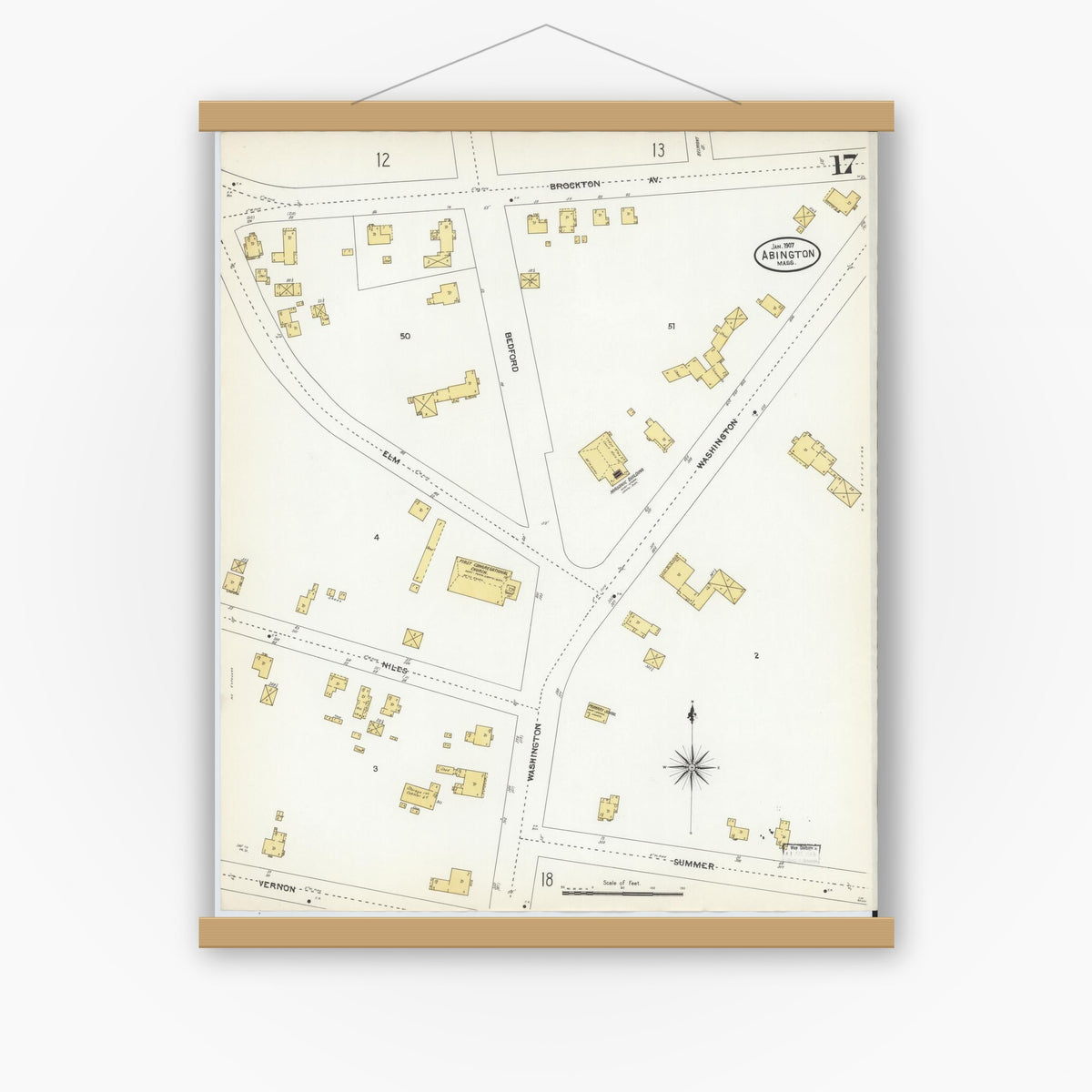 Old map wall art mockup — magnetic wood frame on white wall — Sanborn Fire Insurance Map from Abington, Plymouth County, Massachusetts (1907), Sheet #0017
