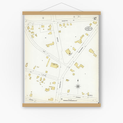 Old map wall art mockup — magnetic wood frame on white wall — Sanborn Fire Insurance Map from Abington, Plymouth County, Massachusetts (1907), Sheet #0017