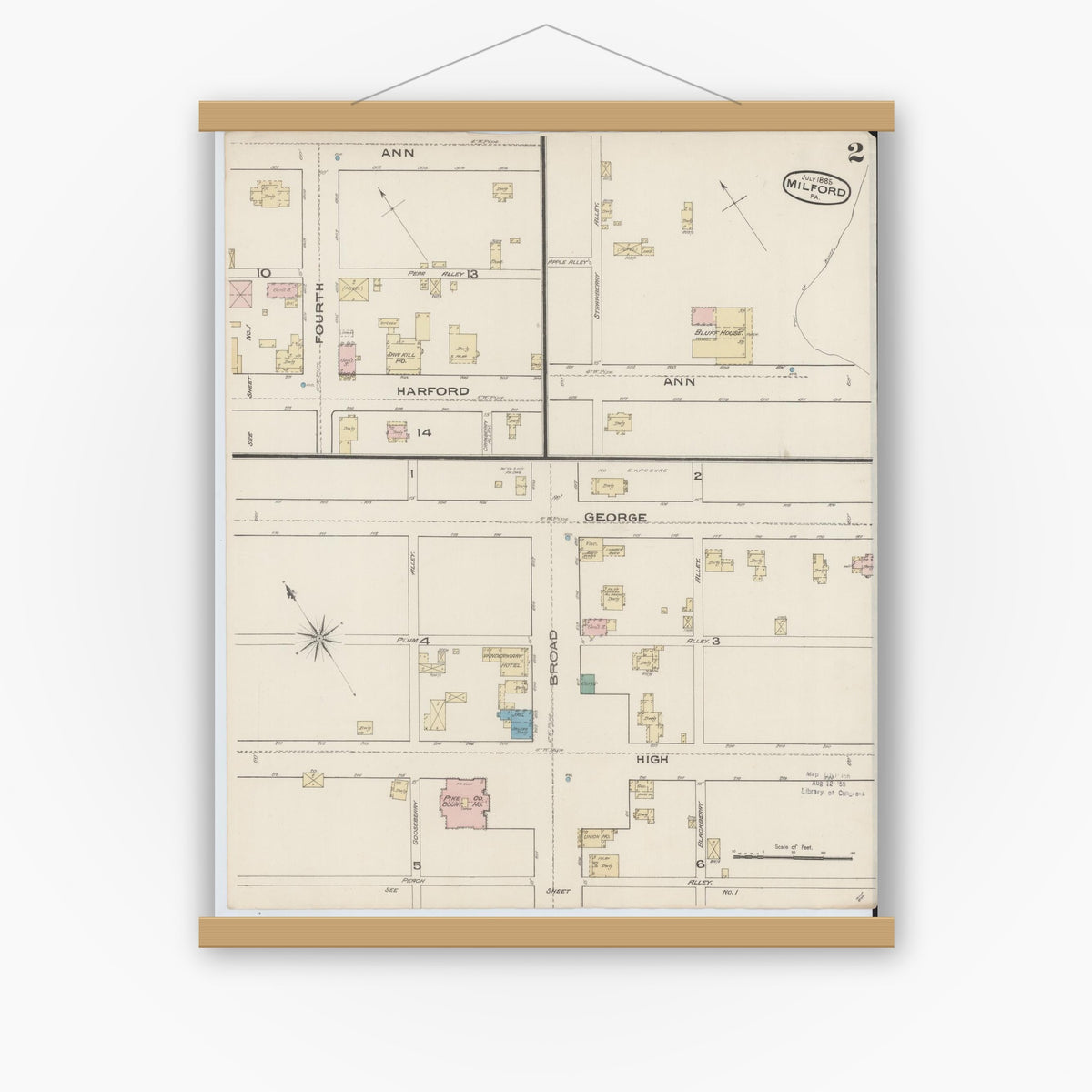 Old map wall art mockup — magnetic wood frame on white wall — Sanborn Fire Insurance Map from Milford, Pike County, Pennsylvania (1885), Sheet #0002