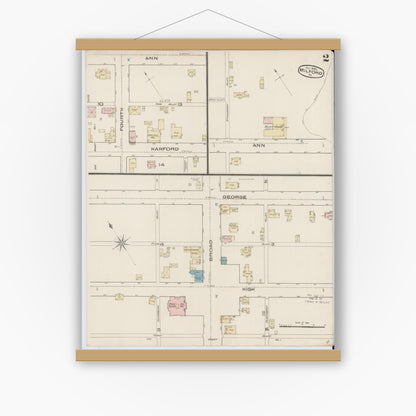 Old map wall art mockup — magnetic wood frame on white wall — Sanborn Fire Insurance Map from Milford, Pike County, Pennsylvania (1885), Sheet #0002