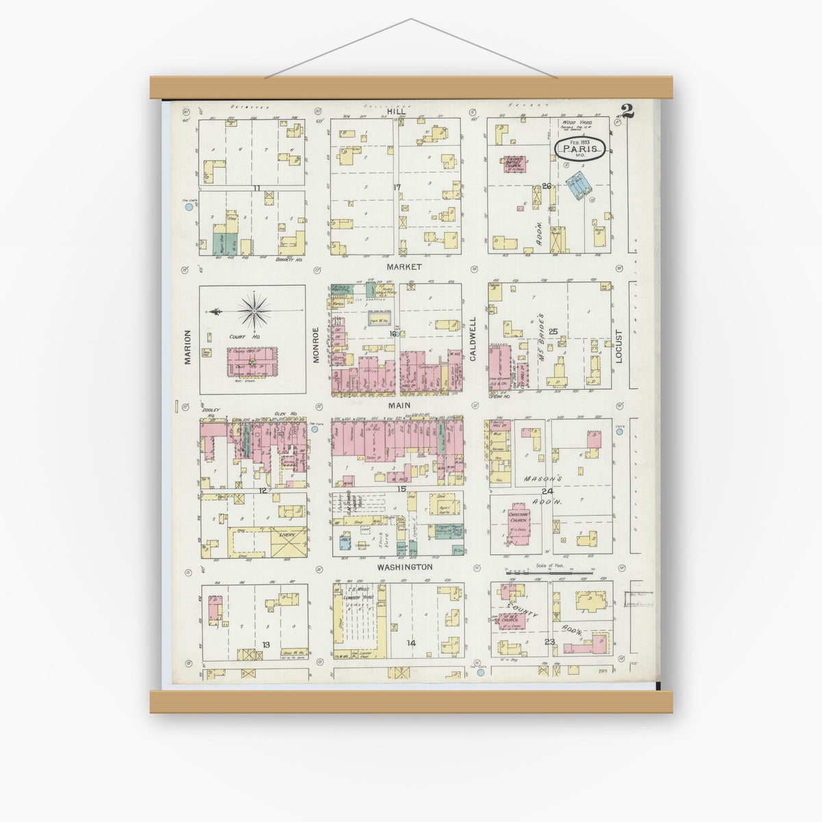 Old map wall art mockup — magnetic wood frame on white wall — Sanborn Fire Insurance Map from Paris, Monroe County, Missouri (1893), Sheet #0002
