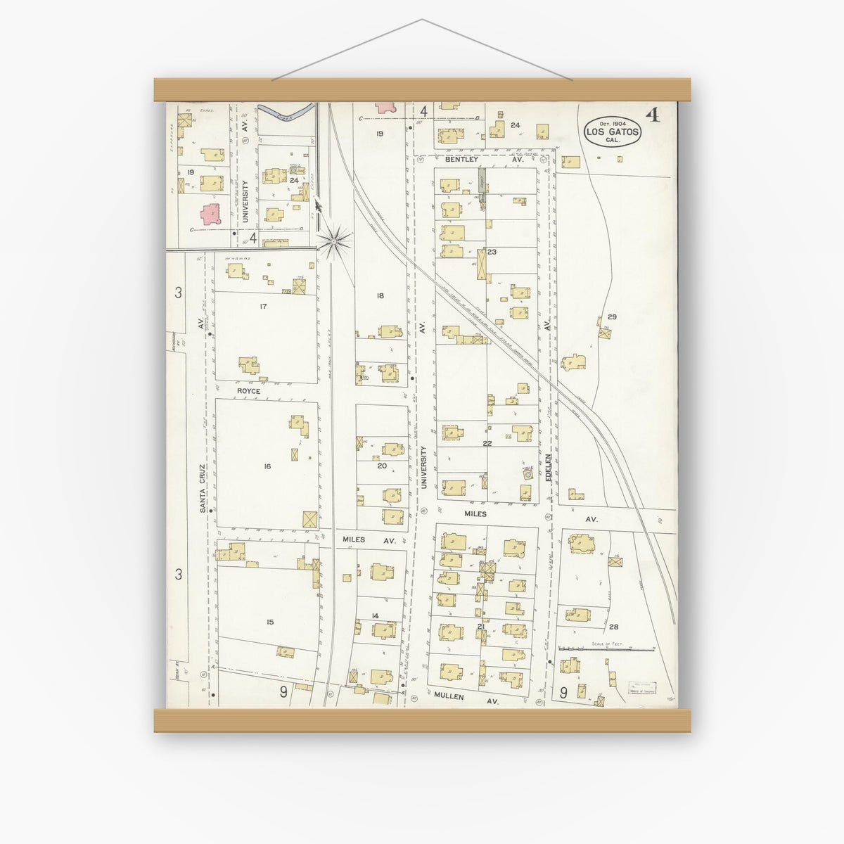 Old map wall art mockup — magnetic wood frame on white wall — Sanborn Fire Insurance Map from Los Gatos, Santa Clara County, California (1904), Sheet #0004
