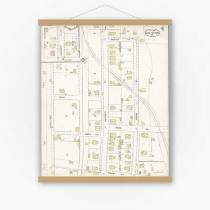 Old map wall art mockup — magnetic wood frame on white wall — Sanborn Fire Insurance Map from Los Gatos, Santa Clara County, California (1904), Sheet #0004