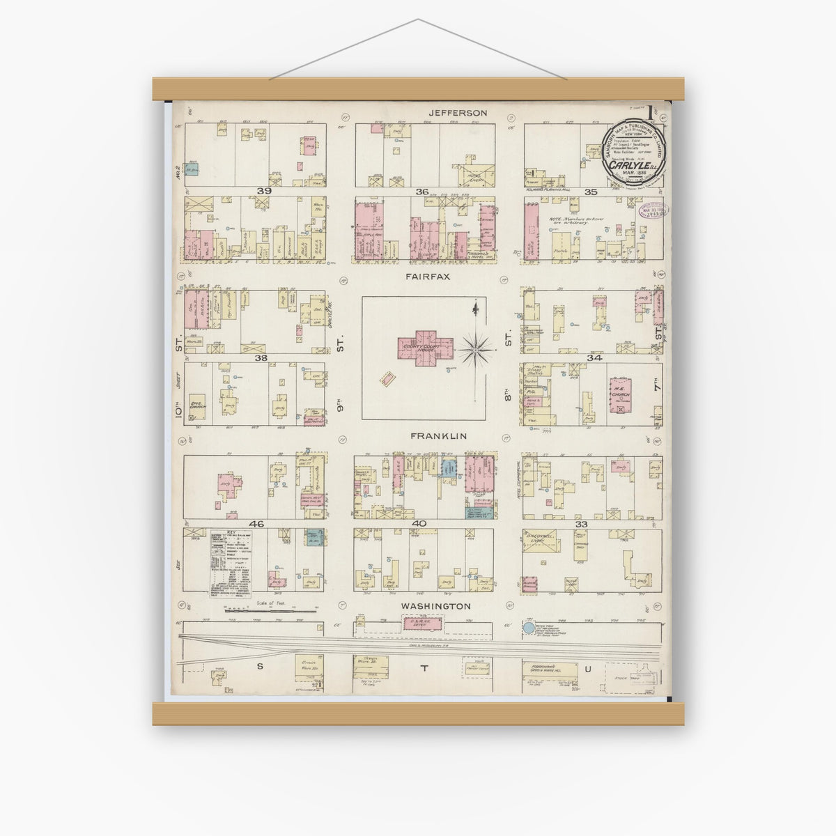 Old map wall art mockup — magnetic wood frame on white wall — Sanborn Fire Insurance Map from Carlyle, Clinton County, Illinois (1886) - Complete Map Set