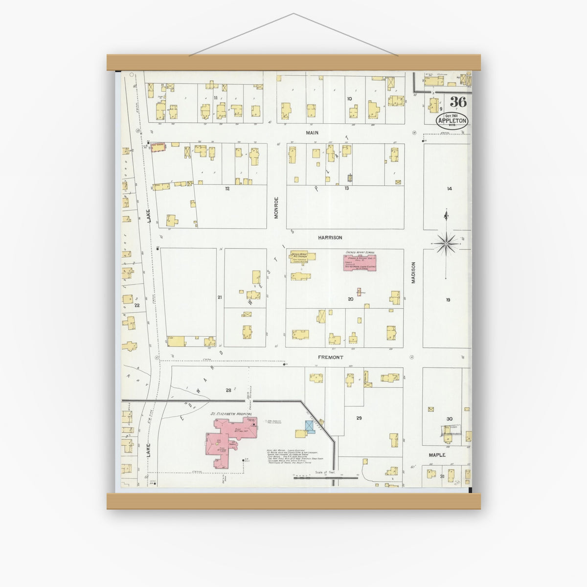 Old map wall art mockup — magnetic wood frame on white wall — Sanborn Fire Insurance Map from Appleton, Outagamie County, Wisconsin (1901), Sheet #0036