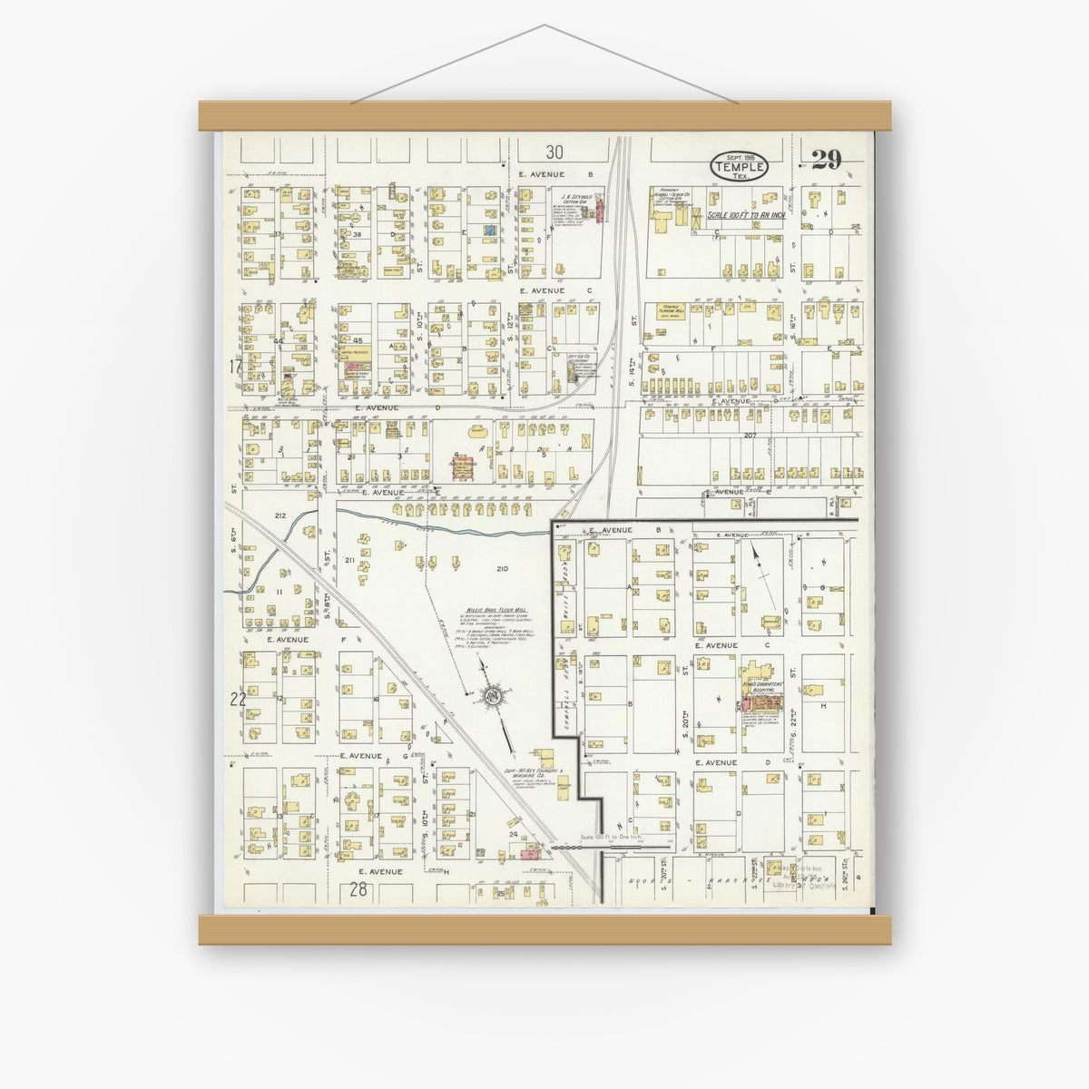 Old map wall art mockup — magnetic wood frame on white wall — Sanborn Fire Insurance Map from Temple, Bell County, Texas (1915), Sheet #0029