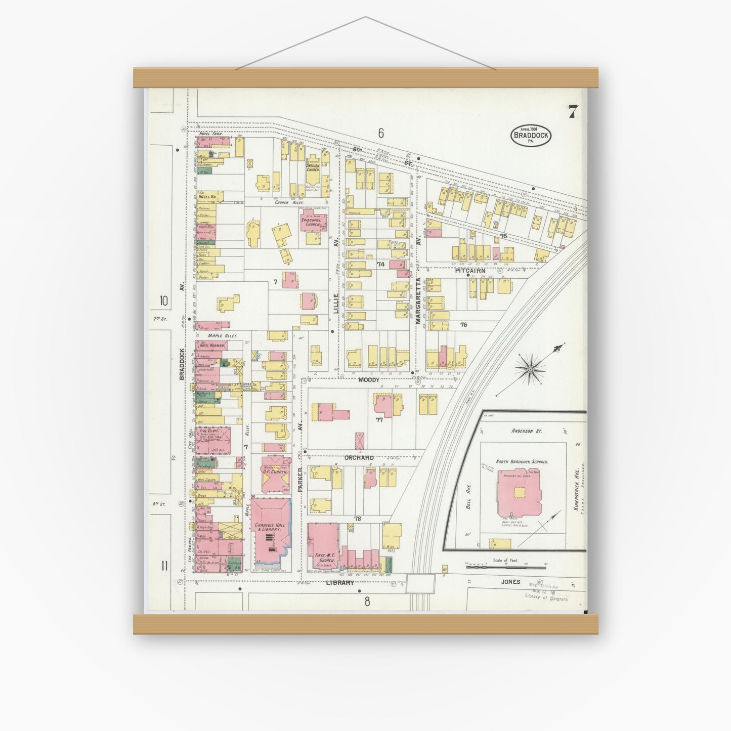 Old map wall art mockup — magnetic wood frame on white wall — Sanborn Fire Insurance Map from Braddock, Allegheny County, Pennsylvania (1901), Sheet #0007