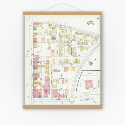 Old map wall art mockup — magnetic wood frame on white wall — Sanborn Fire Insurance Map from Braddock, Allegheny County, Pennsylvania (1901), Sheet #0007