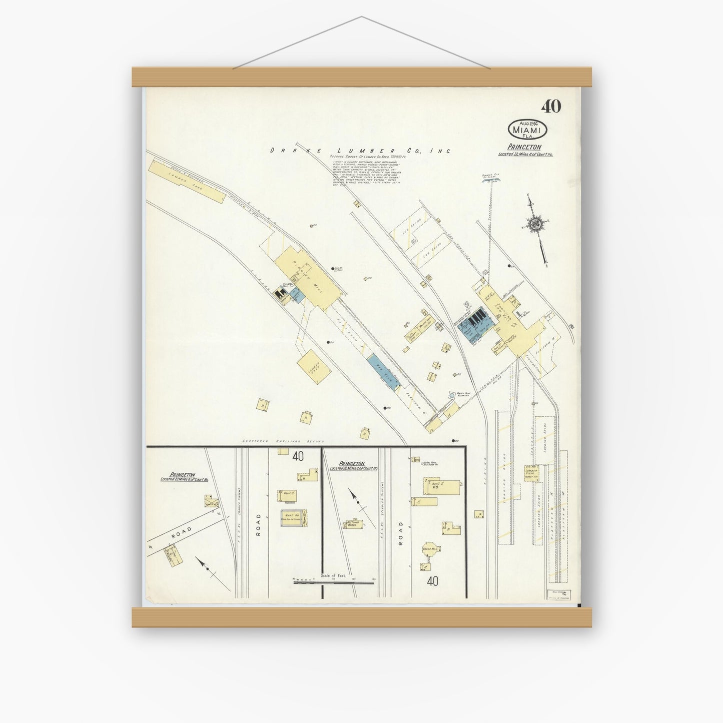 Old map wall art mockup — magnetic wood frame on white wall — Sanborn Fire Insurance Map from Miami, Dade County, Florida (1914), Sheet #0040