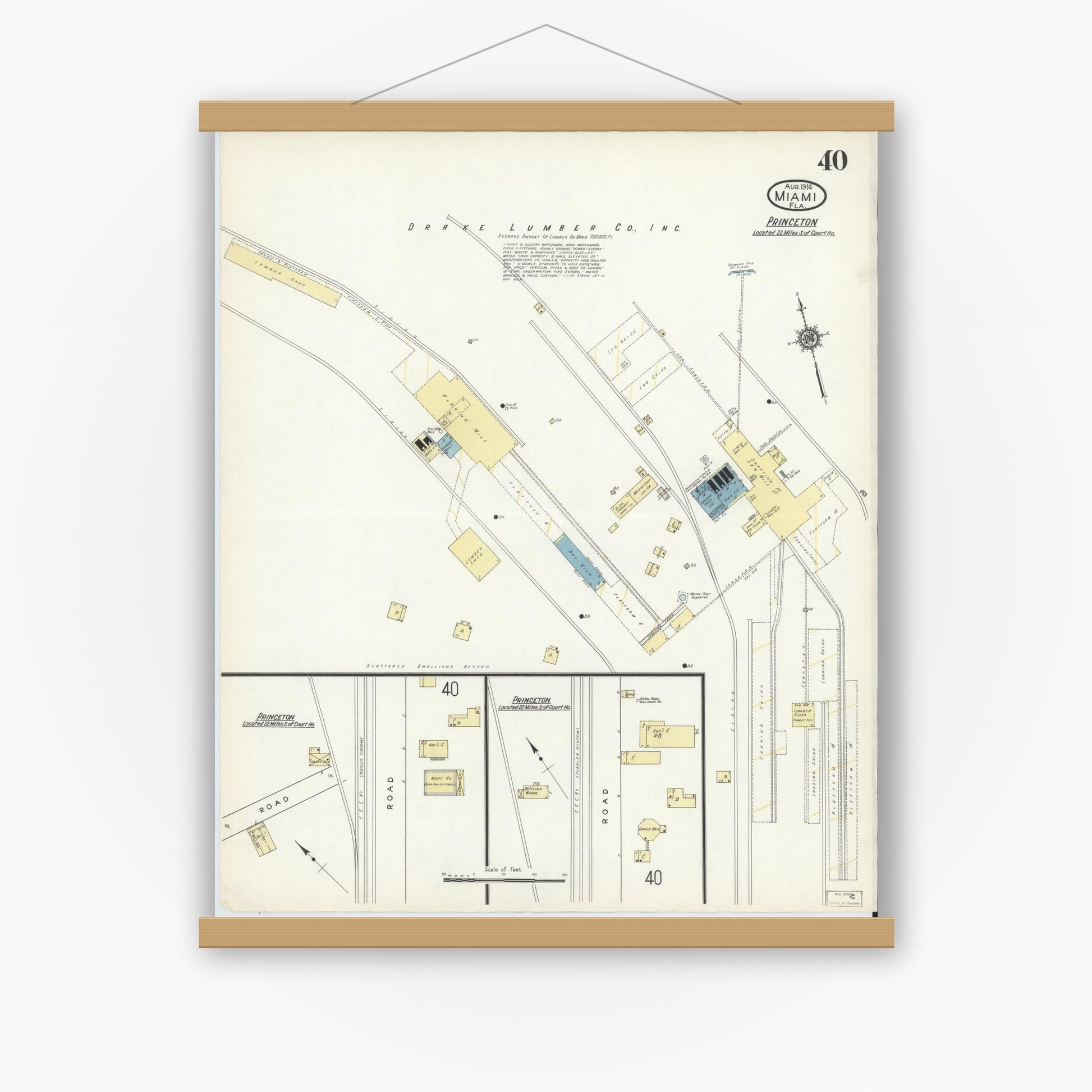 Old map wall art mockup — magnetic wood frame on white wall — Sanborn Fire Insurance Map from Miami, Dade County, Florida (1914), Sheet #0040