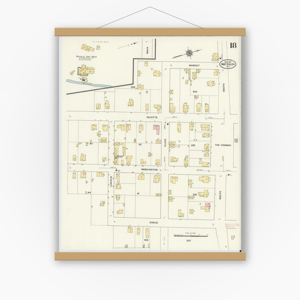 Old map wall art mockup — magnetic wood frame on white wall — Sanborn Fire Insurance Map from Waterloo, Seneca County, New York (1911), Sheet #0018
