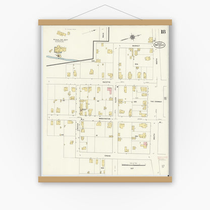 Old map wall art mockup — magnetic wood frame on white wall — Sanborn Fire Insurance Map from Waterloo, Seneca County, New York (1911), Sheet #0018