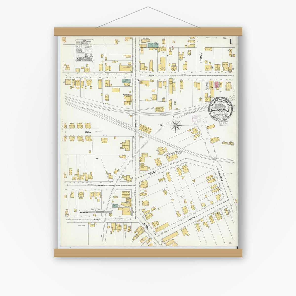 Old map wall art mockup — magnetic wood frame on white wall — Sanborn Fire Insurance Map from Miners Mills, Luzerne County, Pennsylvania (1903) - Complete Map Set