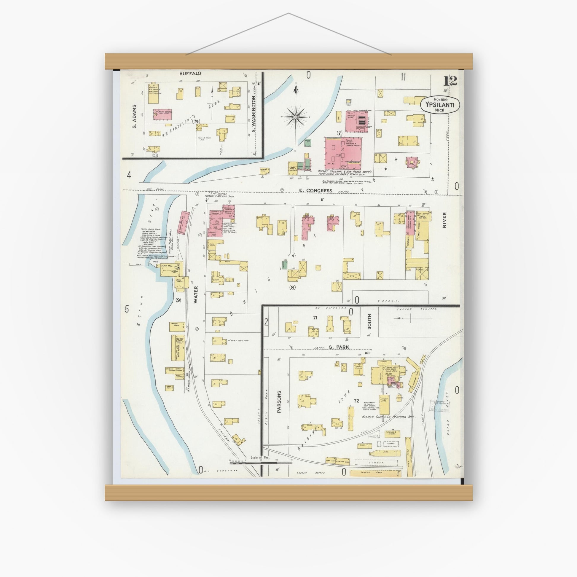 Old map wall art mockup — magnetic wood frame on white wall — Sanborn Fire Insurance Map from Ypsilanti, Washtenaw County, Michigan (1899), Sheet #0012