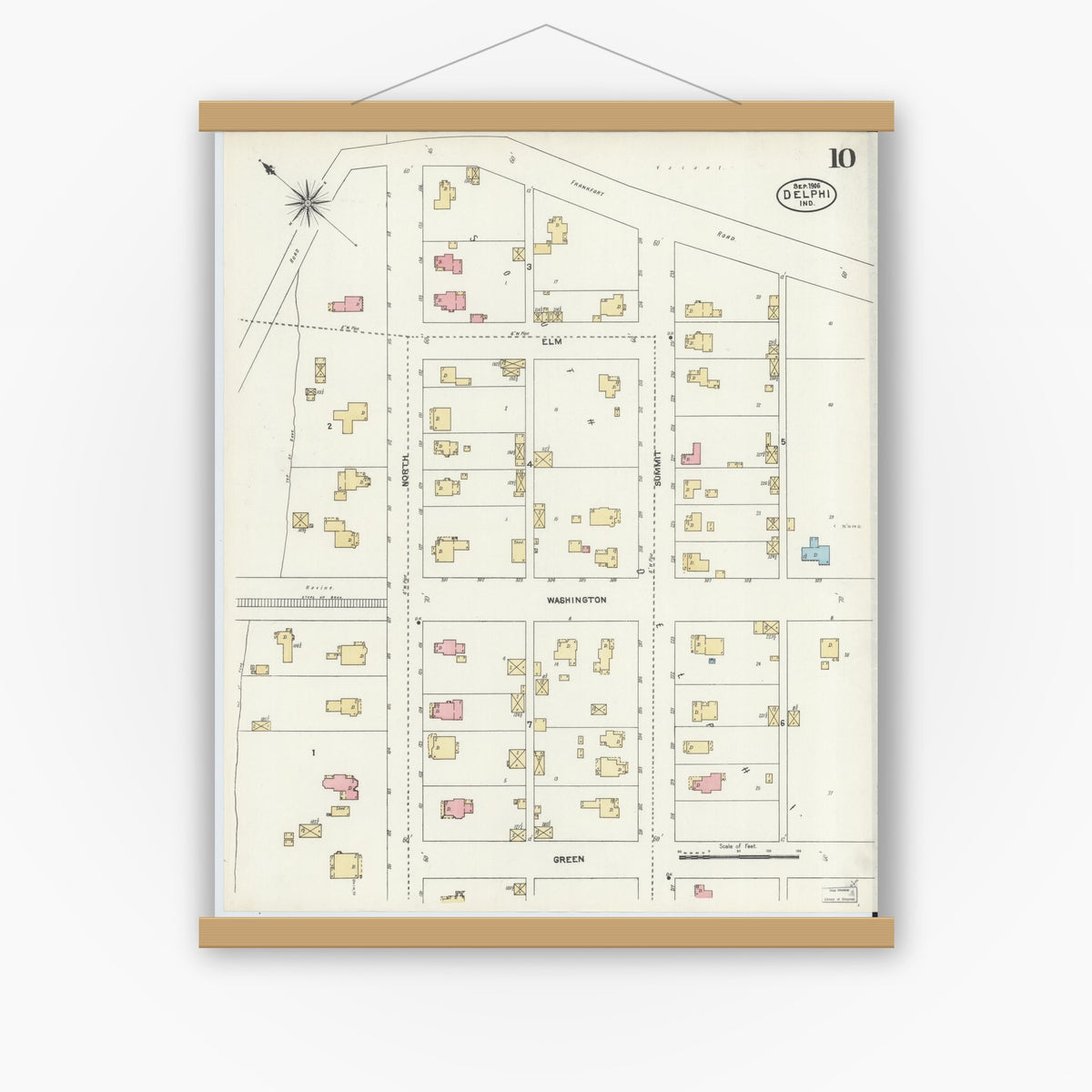 Old map wall art mockup — magnetic wood frame on white wall — Sanborn Fire Insurance Map from Delphi, Carroll County, Indiana (1906), Sheet #0010
