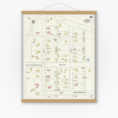 Old map wall art mockup — magnetic wood frame on white wall — Sanborn Fire Insurance Map from Delphi, Carroll County, Indiana (1906), Sheet #0010