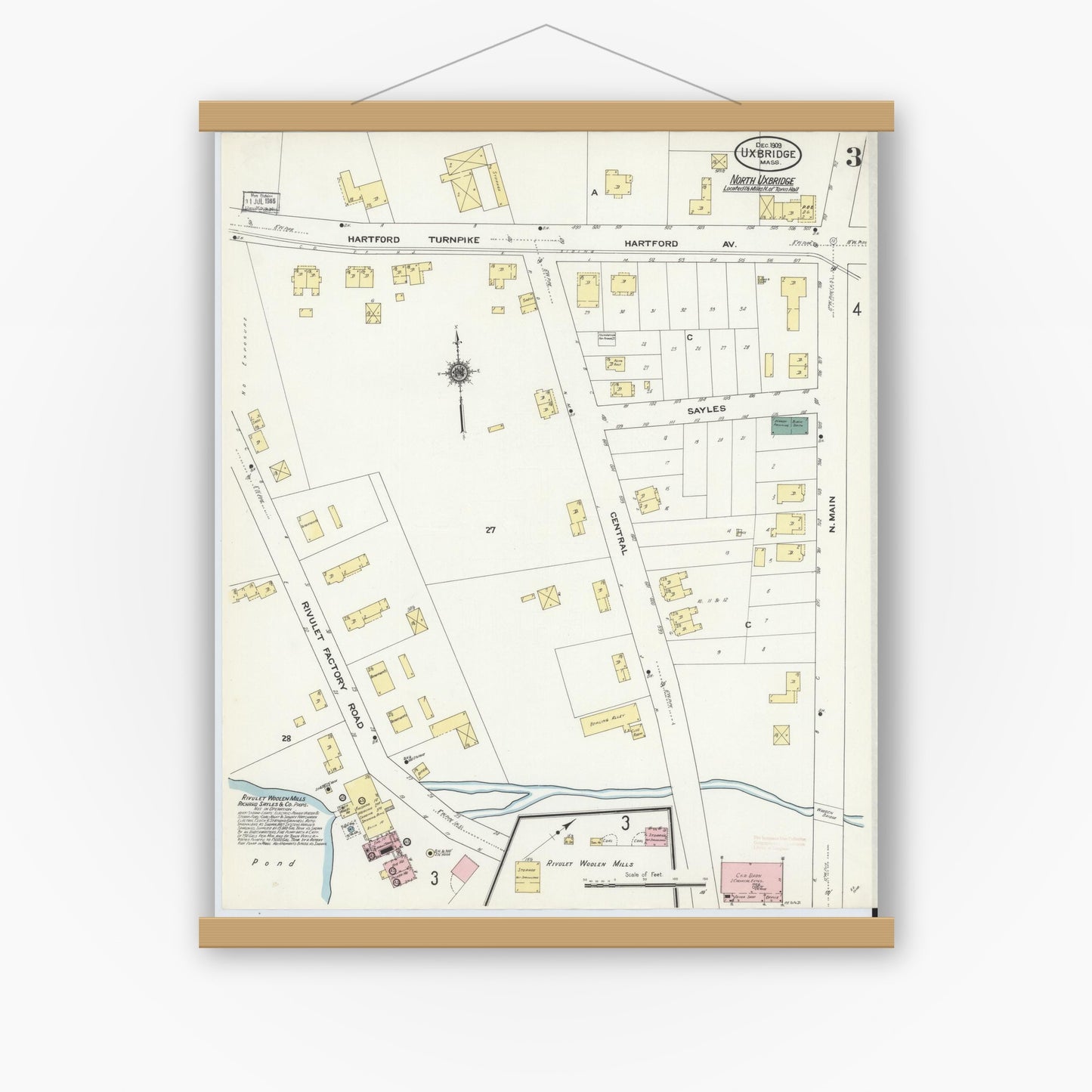 Old map wall art mockup — magnetic wood frame on white wall — Sanborn Fire Insurance Map from Uxbridge, Worcester County, Massachusetts (1909), Sheet #0003