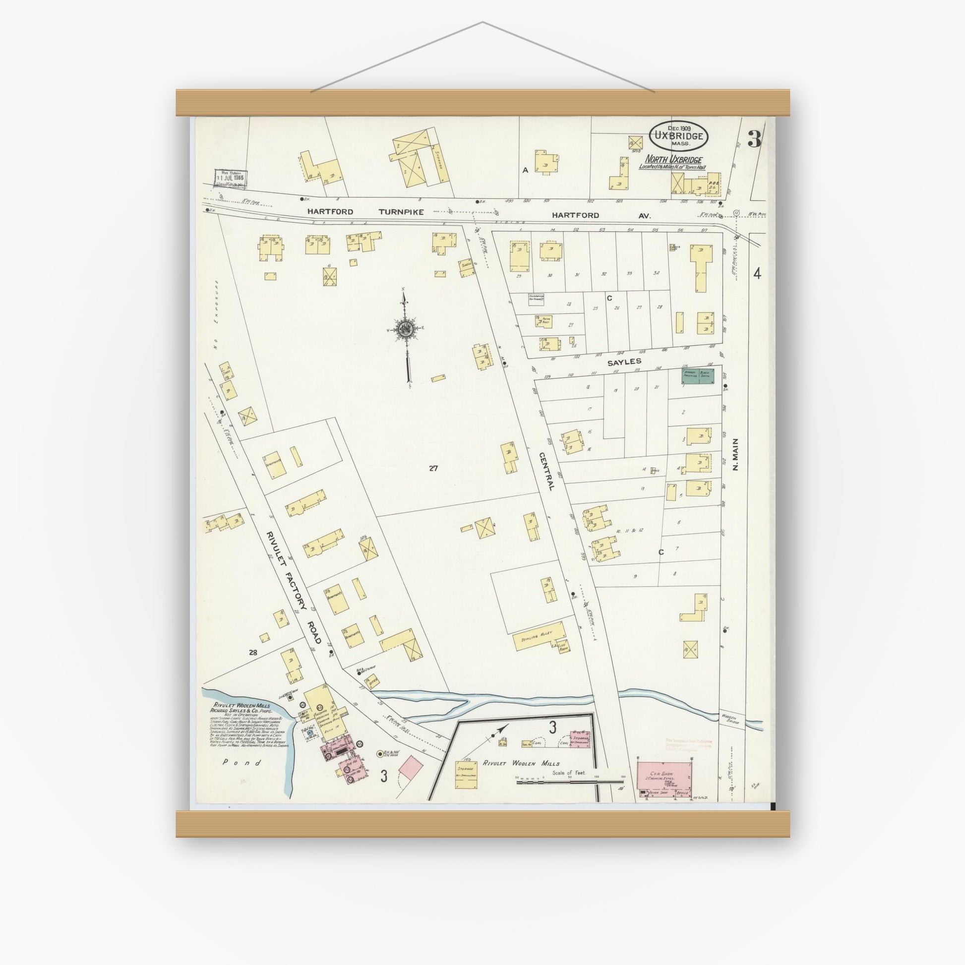 Old map wall art mockup — magnetic wood frame on white wall — Sanborn Fire Insurance Map from Uxbridge, Worcester County, Massachusetts (1909), Sheet #0003