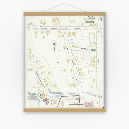 Old map wall art mockup — magnetic wood frame on white wall — Sanborn Fire Insurance Map from Uxbridge, Worcester County, Massachusetts (1909), Sheet #0003