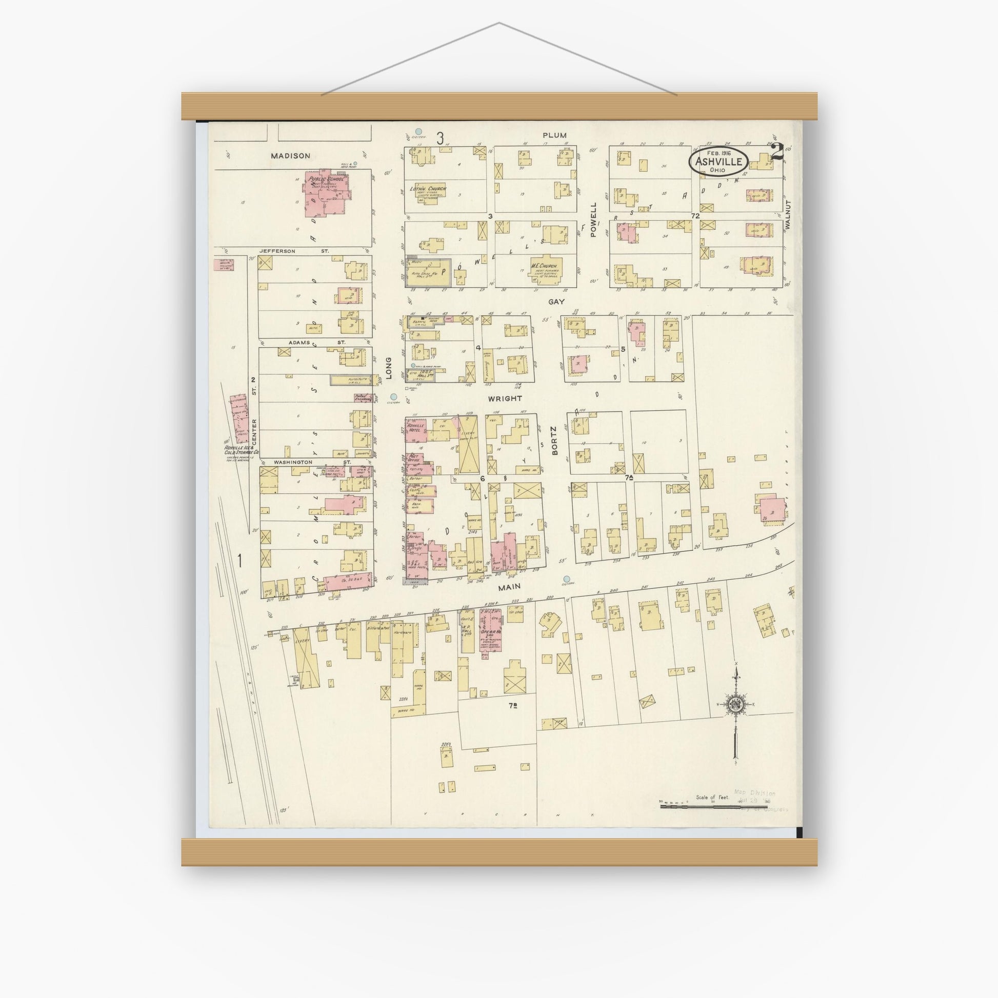 Old map wall art mockup — magnetic wood frame on white wall — Sanborn Fire Insurance Map from Ashville, Pickaway County, Ohio (1916), Sheet #0002
