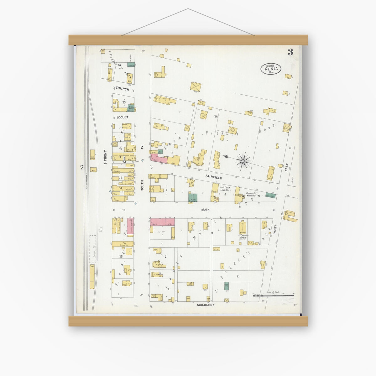 Old map wall art mockup — magnetic wood frame on white wall — Sanborn Fire Insurance Map from Xenia, Clay County, Illinois (1899), Sheet #0003