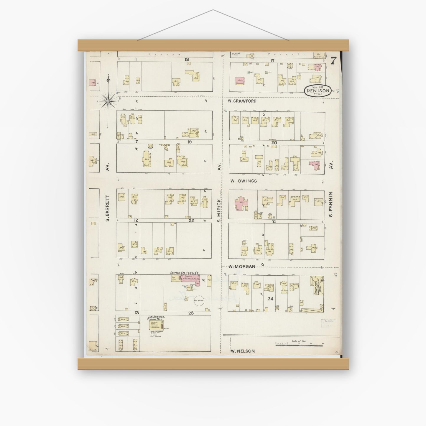 Old map wall art mockup — magnetic wood frame on white wall — Sanborn Fire Insurance Map from Denison, Grayson County, Texas (1888), Sheet #0007