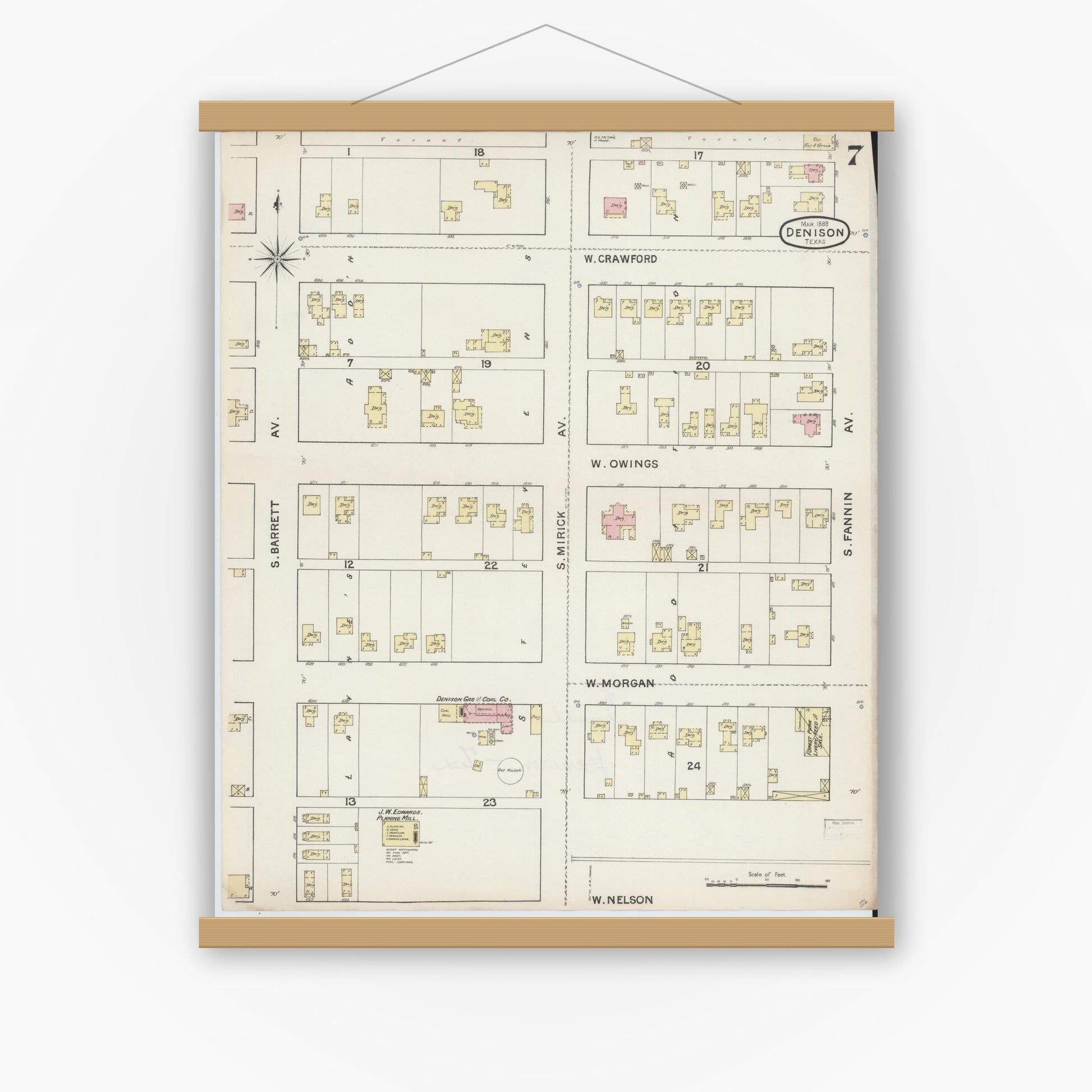 Old map wall art mockup — magnetic wood frame on white wall — Sanborn Fire Insurance Map from Denison, Grayson County, Texas (1888), Sheet #0007