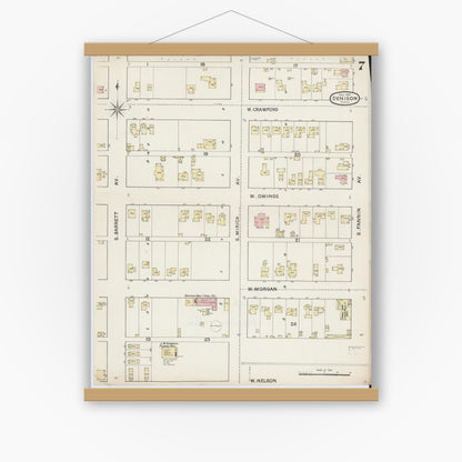 Old map wall art mockup — magnetic wood frame on white wall — Sanborn Fire Insurance Map from Denison, Grayson County, Texas (1888), Sheet #0007