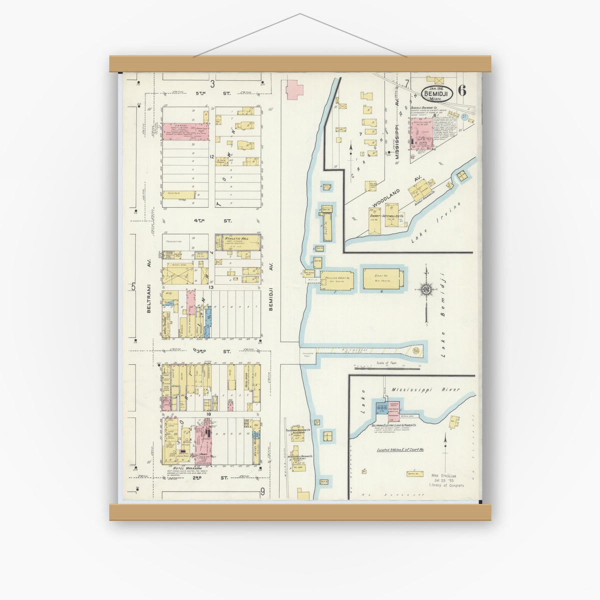 Old map wall art mockup — magnetic wood frame on white wall — Sanborn Fire Insurance Map from Bemidji, Beltrami County, Minnesota (1916), Sheet #0006