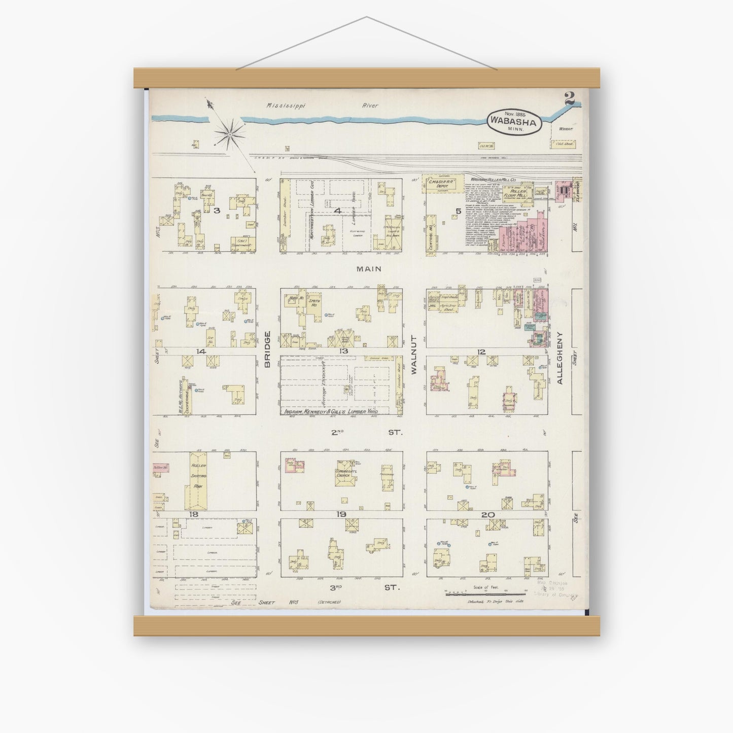 Old map wall art mockup — magnetic wood frame on white wall — Sanborn Fire Insurance Map from Wabasha, Wabasha County, Minnesota (1885), Sheet #0002