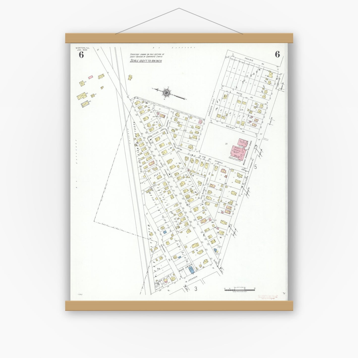 Old map wall art mockup — magnetic wood frame on white wall — Sanborn Fire Insurance Map from Morton, Tazewell County, Illinois (1940), Sheet #0006
