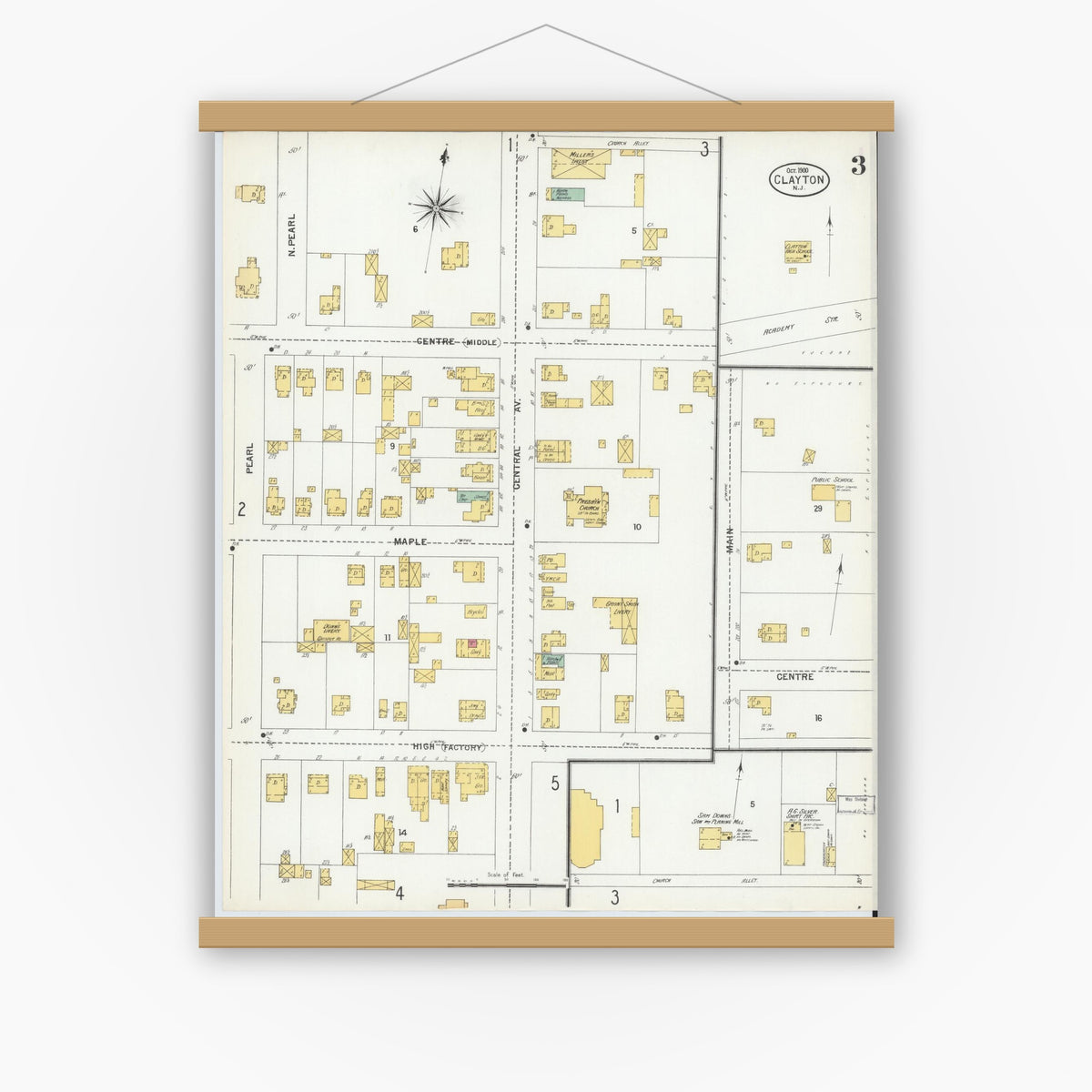 Old map wall art mockup — magnetic wood frame on white wall — Sanborn Fire Insurance Map from Clayton, Gloucester County, New Jersey (1900), Sheet #0003