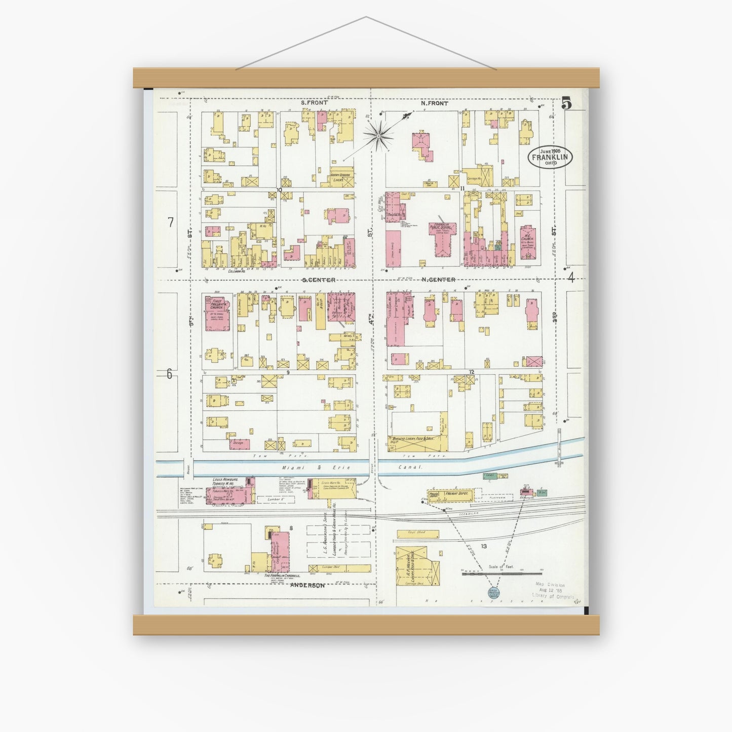 Old map wall art mockup — magnetic wood frame on white wall — Sanborn Fire Insurance Map from Franklin, Warren County, Ohio (1905), Sheet #0005