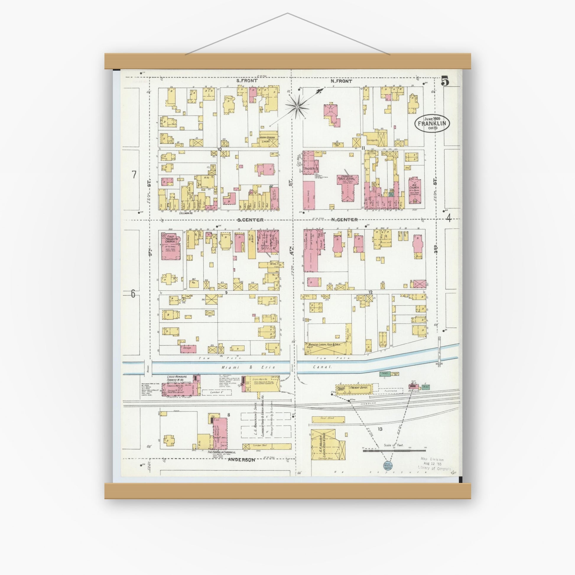 Old map wall art mockup — magnetic wood frame on white wall — Sanborn Fire Insurance Map from Franklin, Warren County, Ohio (1905), Sheet #0005