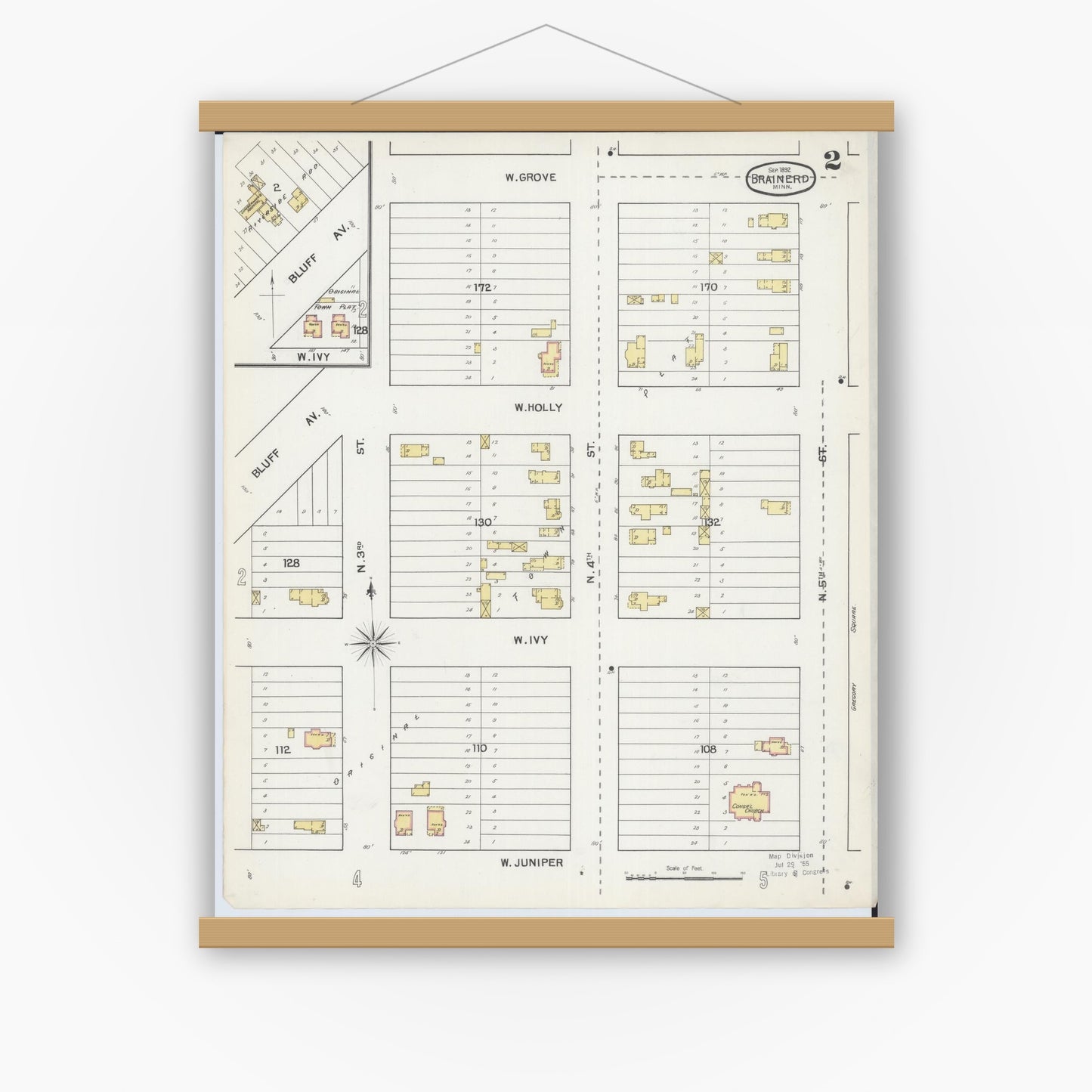 Old map wall art mockup — magnetic wood frame on white wall — Sanborn Fire Insurance Map from Brainerd, Crow Wing County, Minnesota (1892), Sheet #0002