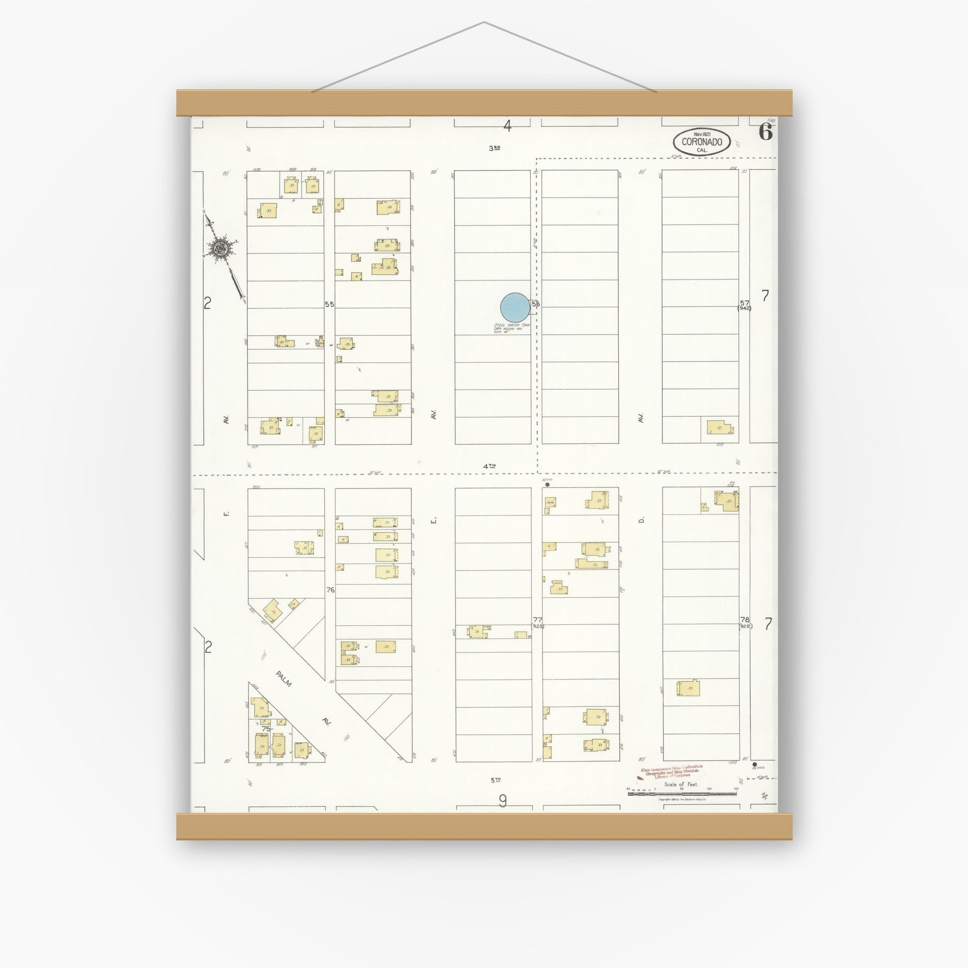 Old map wall art mockup — magnetic wood frame on white wall — Sanborn Fire Insurance Map from Coronado, San Diego County, California (1921), Sheet #0006
