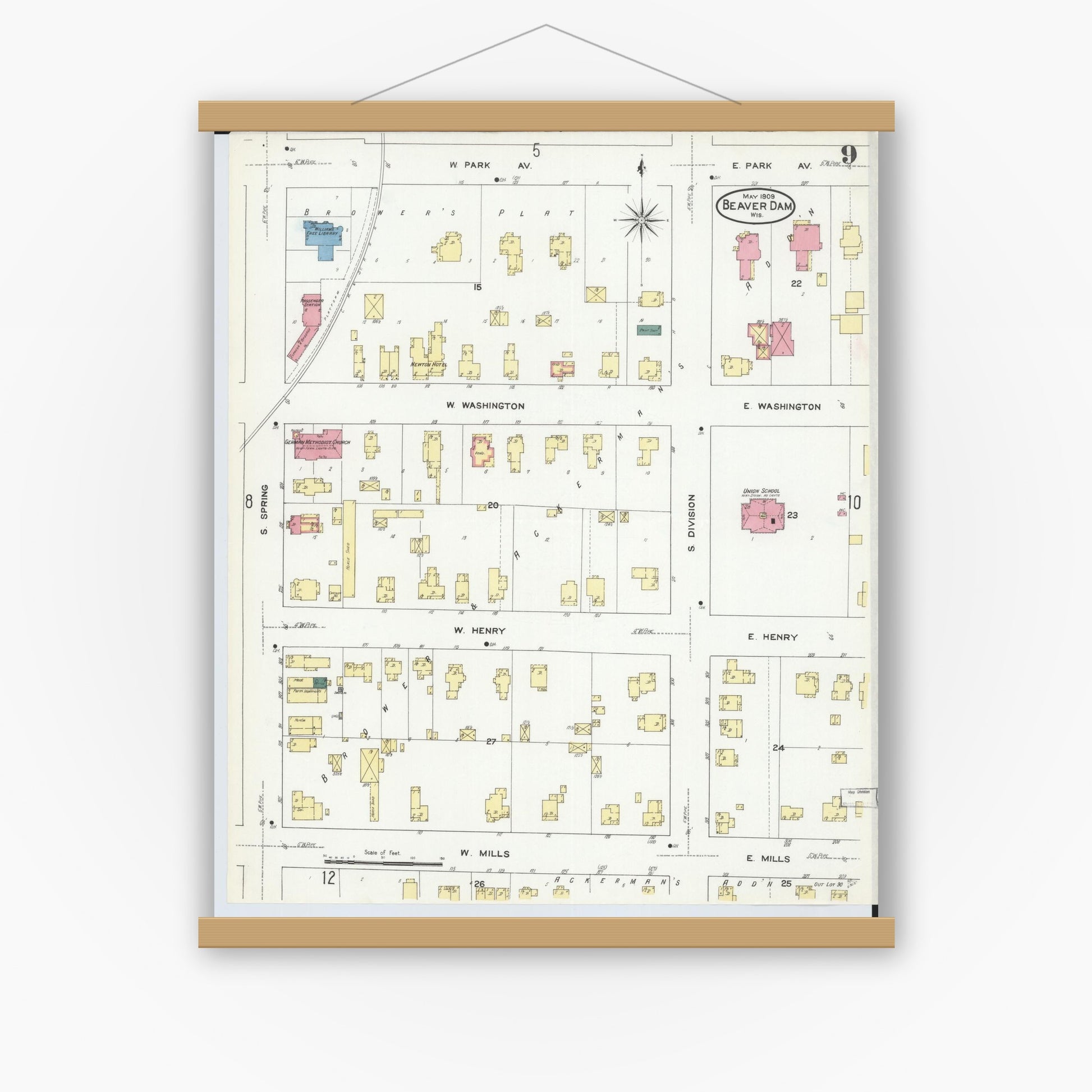 Old map wall art mockup — magnetic wood frame on white wall — Sanborn Fire Insurance Map from Beaver Dam, Dodge County, Wisconsin (1909), Sheet #0009