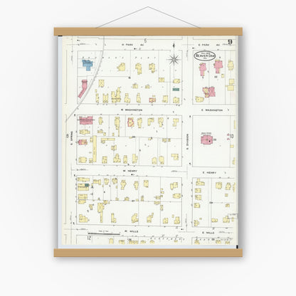 Old map wall art mockup — magnetic wood frame on white wall — Sanborn Fire Insurance Map from Beaver Dam, Dodge County, Wisconsin (1909), Sheet #0009