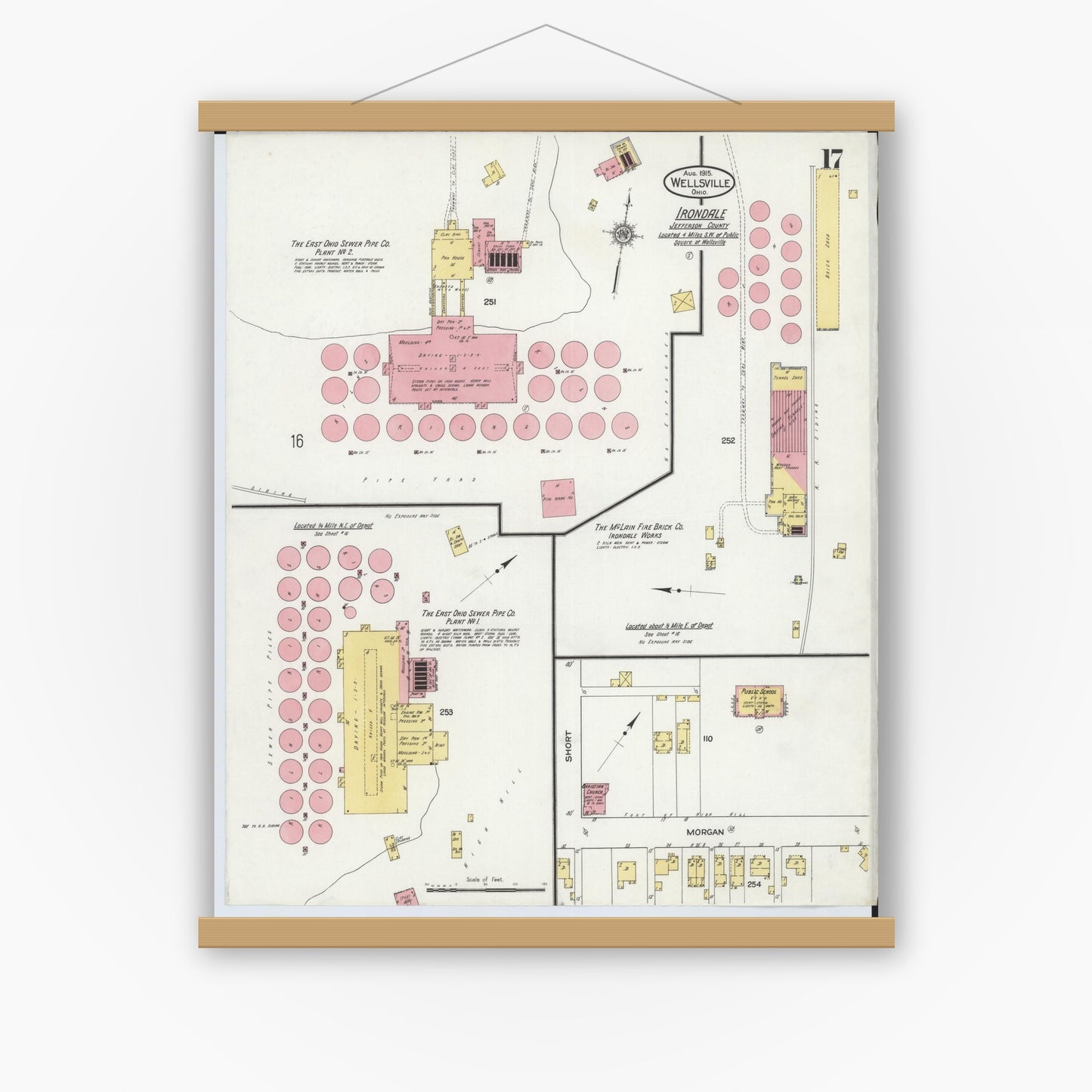 Old map wall art mockup — magnetic wood frame on white wall — Sanborn Fire Insurance Map from Wellsville, Columbiana County, Ohio (1915), Sheet #0017
