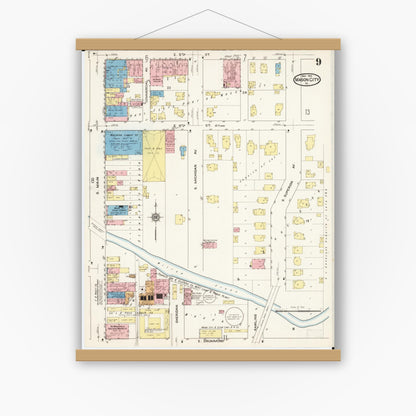 Old map wall art mockup — magnetic wood frame on white wall — Sanborn Fire Insurance Map from Mason City, Cerro Gordo County, Iowa (1915), Sheet #0009