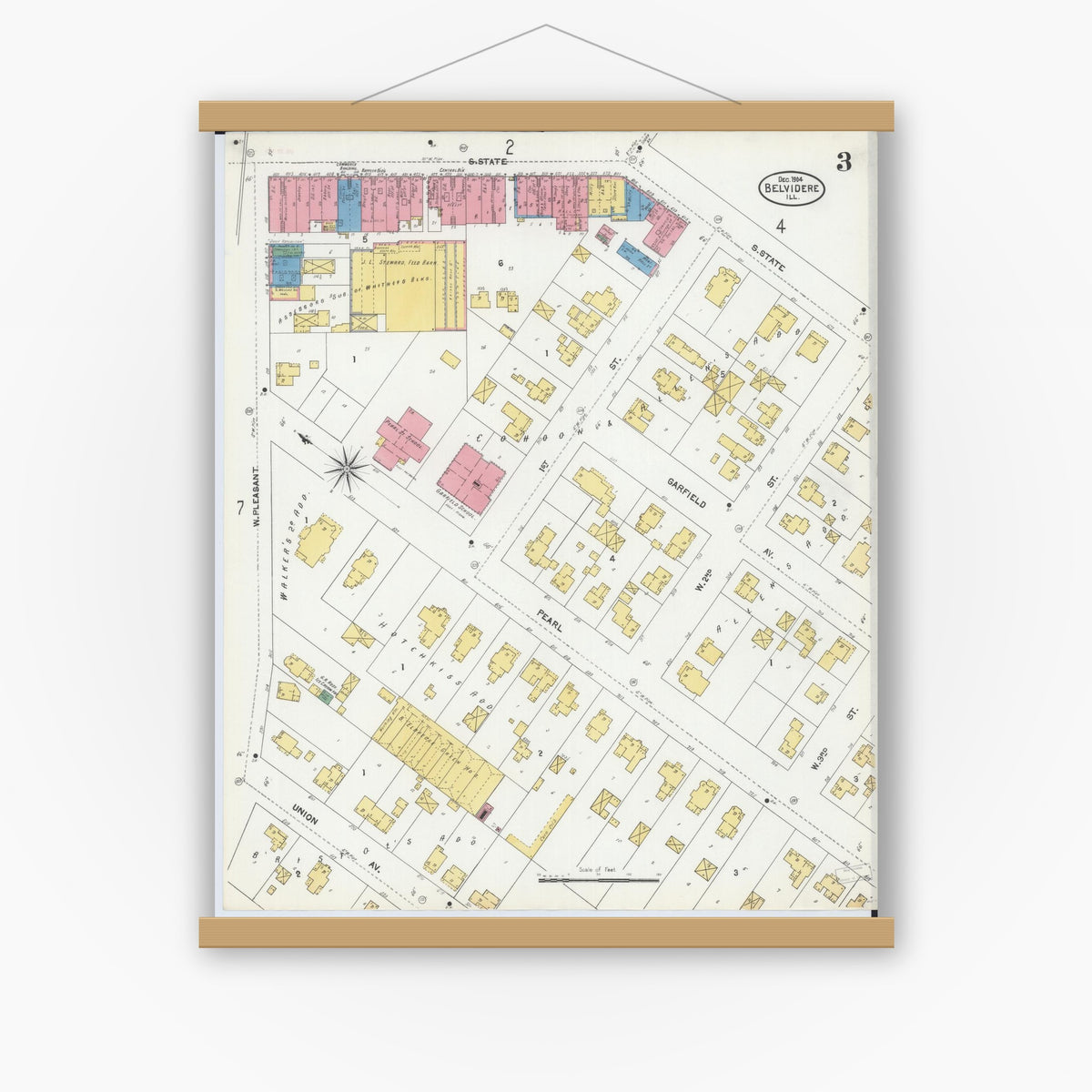 Old map wall art mockup — magnetic wood frame on white wall — Sanborn Fire Insurance Map from Belvidere, Boone County, Illinois (1904), Sheet #0003