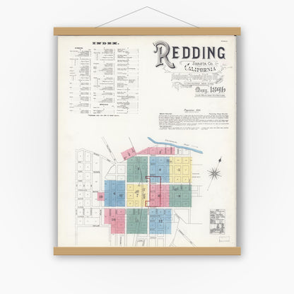 Old map wall art mockup — magnetic wood frame on white wall — Sanborn Fire Insurance Map from Redding, Shasta County, California (1896) - Complete Map Set