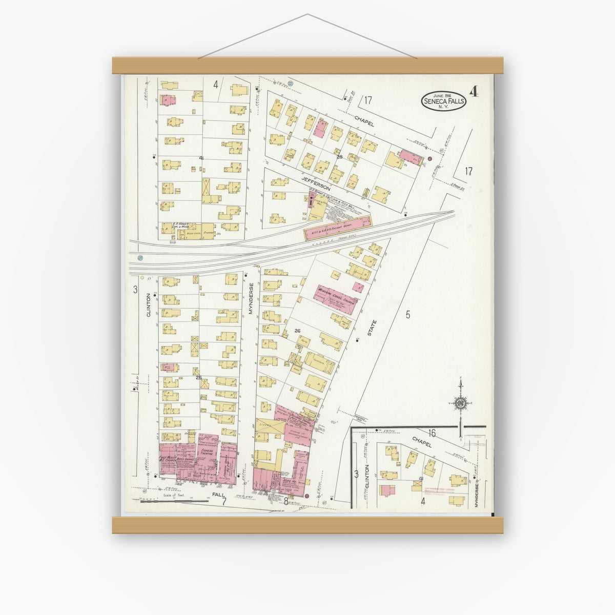Old map wall art mockup — magnetic wood frame on white wall — Sanborn Fire Insurance Map from Seneca Falls, Seneca County, New York (1916), Sheet #0004